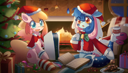 Size: 1907x1080 | Tagged: safe, artist:brony_festival, oc, oc only, oc:electronia, oc:lyre wave, book, china, christmas, christmas tree, cookie, fire, fireplace, food, hat, holiday, mascot, mug, playstation 5, present, qingdao, qingdao brony festival, santa hat, tree