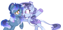 Size: 1538x726 | Tagged: safe, artist:magicallightsentryyt, artist:nakotl, oc, oc only, oc:lavender skies, oc:moonlight magic glow, changepony, hybrid, pony, unicorn, base used, bipedal, duo, duo female, female, interspecies offspring, magical lesbian spawn, mare, offspring, open mouth, parent:pharynx, parent:princess luna, parent:rainbow dash, parent:trixie, parents:lunadash, parents:phartrix, simple background, transparent background