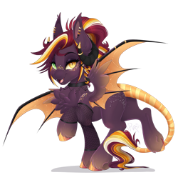 Size: 1920x1880 | Tagged: safe, artist:pvrii, oc, oc only, oc:samhain, bat pony, pony, butt, ear piercing, earring, female, fishnet stockings, horn, horn ring, horns, jewelry, mare, piercing, plot, ring, simple background, smiling, solo, transparent background