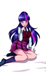 Size: 550x850 | Tagged: safe, artist:kulkry, sci-twi, twilight sparkle, human, g4, blushing, clothes, crystal prep academy uniform, humanized, loose hair, missing accessory, no glasses, school uniform, shoes, simple background, socks, solo, white background