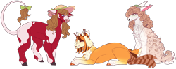 Size: 4861x1933 | Tagged: safe, artist:sleepy-nova, oc, oc only, oc:moo-shroom, oc:spice-a-boo, oc:sunstreak llamanade, cow, goat, llama, female, lying down, prone, simple background, transparent background