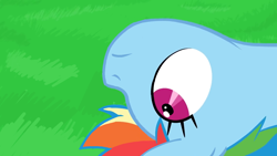 Size: 1280x720 | Tagged: safe, artist:misterdavey, edit, editor:crossovercartoons, rainbow dash, pegasus, pony, smile hd, g4, grass, grotesque source, head, lying down, moments before disaster, on back, sfw edit, solo, this will end in death, wide eyes