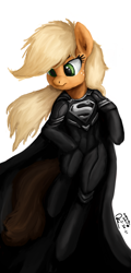 Size: 1080x2250 | Tagged: safe, artist:raphaeldavid, applejack, earth pony, semi-anthro, g4, app-el, arm hooves, cape, clothes, crossover, dc comics, flying, looking down, male, signature, simple background, solo, superman, supermare, unamused, white background