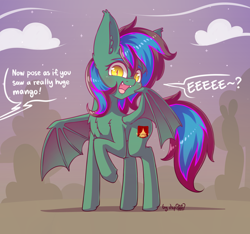 Size: 2048x1920 | Tagged: safe, artist:dsp2003, oc, oc only, oc:star hound, bat pony, pony, bat pony oc, bat wings, cloud, commission, cute, cute little fangs, eeee, fangs, female, looking at you, mare, offscreen character, open mouth, signature, single panel, speech bubble, stars, wings