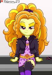 Size: 853x1229 | Tagged: safe, artist:tabrony23, adagio dazzle, equestria girls, g4, my little pony equestria girls: better together, beautiful, bedroom eyes, boots, breasts, clothes, female, high heel boots, jacket, leather, leather jacket, looking at you, patreon, patreon logo, sexy, shoes, show accurate, smiling, solo, stupid sexy adagio dazzle, thigh boots, thigh highs, underwear