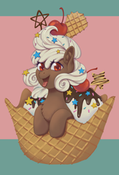 Size: 2464x3621 | Tagged: safe, artist:taytinabelle, oc, oc only, oc:sundae swirl, earth pony, food pony, ice cream pony, pony, cherry, chest fluff, chocolate, cute, ear fluff, female, food, happy, high res, ice cream, looking at you, mare, open mouth, ponified, simple background, smiling, solo, sprinkles, striped background, tongue out, two toned background, waffle bowl, waffle cone