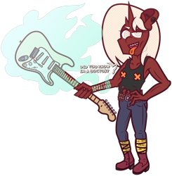 Size: 4832x4928 | Tagged: safe, artist:threetwotwo32232, oc, oc only, oc:humor, unicorn, anthro, female, guitar, magic, mare, musical instrument, solo