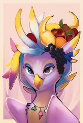 Size: 1280x1887 | Tagged: safe, artist:orfartina, oc, oc only, oc:sebright, hippogriff, bust, female, fruit, portrait, solo