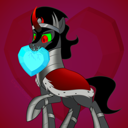 Size: 900x900 | Tagged: safe, artist:enigmadoodles, king sombra, pony, unicorn, crystal heart, curved horn, horn, male, mouth hold, raised hoof, solo, stallion