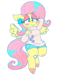 Size: 966x1218 | Tagged: safe, artist:creepincrawl, fluttershy, pegasus, anthro, unguligrade anthro, g4, arm behind head, bandaid, blushing, clothes, cloven hooves, cute, female, floppy ears, lidded eyes, shorts, shyabetes, simple background, smiling, solo, sweater, sweatershy, turtleneck, white background