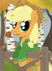 Size: 1457x2012 | Tagged: safe, artist:dyonys, applejack, earth pony, pony, g4, apple, applejack's hat, autumn, candy apple, clothes, cowboy hat, cute, female, fence, food, freckles, hat, jackabetes, leaves, looking at you, mare, mouth hold, shirt, solo, tree