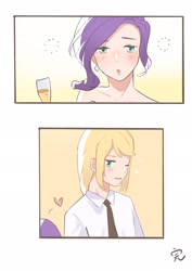 Size: 1448x2048 | Tagged: safe, artist:maoo720, applejack, rarity, human, g4, alcohol, bare shoulders, blushing, champagne, champagne glass, clothes, comic, drunk, drunk rarity, female, heart, humanized, lesbian, lidded eyes, necktie, one eye closed, ship:rarijack, shipping, shirt, sleeveless, strapless, sweat, wine
