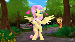 Size: 3840x2160 | Tagged: safe, artist:owlpirate, applejack, fluttershy, earth pony, pegasus, pony, g4, 3d, applejack's hat, bench, bipedal, cowboy hat, cute, female, floating heart, flower, flower in hair, flower in mouth, hat, heart, high res, jackabetes, lesbian, love letter, mare, rose, rose in mouth, ship:appleshy, shipping, shyabetes, spread wings, tree, wings