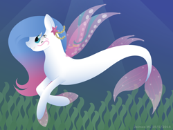 Size: 2816x2112 | Tagged: safe, artist:lavenderrain24, oc, oc only, merpony, seapony (g4), starfish, blue eyes, crepuscular rays, deviantart watermark, dorsal fin, female, fin wings, fins, fish tail, flowing mane, flowing tail, high res, obtrusive watermark, ocean, seaweed, smiling, solo, swimming, tail, underwater, water, watermark, wings