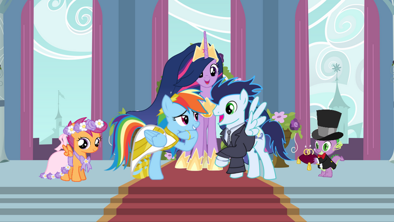 2555679 - safe, artist:lachlancarr1996, rainbow dash, scootaloo, soarin',  spike, twilight sparkle, alicorn, pegasus, pony, the last problem,  background used, bride, female, groom, hat, male, marriage, older, older  twilight, princess twilight , shipping,