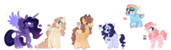Size: 4096x1203 | Tagged: safe, artist:softiesuns, applejack, fluttershy, pinkie pie, rainbow dash, rarity, twilight sparkle, alicorn, earth pony, pegasus, pony, unicorn, g4, alternate design, base used, bisexual pride flag, demigirl pride flag, genderfluid pride flag, lesbian pride flag, mane six, pansexual pride flag, pride, pride flag, simple background, transgender pride flag, transparent background, twilight sparkle (alicorn)