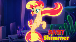 Size: 1280x720 | Tagged: safe, artist:s4rvin, sunset shimmer, pony, seapony (g4), unicorn, g4, deviantart watermark, dorsal fin, female, fish tail, flowing mane, flowing tail, glowing, green eyes, horn, not fiery shimmer, obtrusive watermark, ocean, seaponified, seapony sunset, seaquestria, seaweed, solo, species swap, tail, underwater, water, watermark