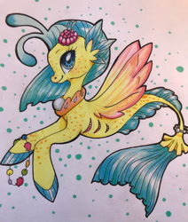 Size: 2255x2658 | Tagged: safe, artist:scarletkk, princess skystar, seapony (g4), g4, my little pony: the movie, blue eyes, dorsal fin, female, fish tail, flower, flower in hair, flowing mane, flowing tail, freckles, high res, horn, jewelry, necklace, ocean, pearl necklace, seaweed, simple background, smiling, solo, tail, traditional art, underwater, water, white background