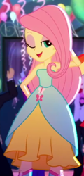 Size: 294x614 | Tagged: safe, screencap, fluttershy, equestria girls, g4, my little pony equestria girls: summertime shorts, raise this roof, adorasexy, bare shoulders, beautiful, beautisexy, cropped, cute, fall formal outfits, one eye closed, sexy, shyabetes, sleeveless, solo focus, strapless, wink