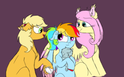 Size: 1280x800 | Tagged: safe, artist:doodletheexpoodle, applejack, fluttershy, rainbow dash, oc, oc:thunder rumble, earth pony, pegasus, pony, g4, ear tufts, female, floppy ears, foal, hatless, implied quibbledash, mare, missing accessory, offspring, parent:quibble pants, parent:rainbow dash, parents:quibbledash, purple background, simple background