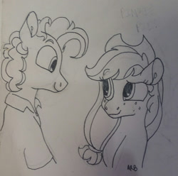 Size: 1280x1271 | Tagged: safe, artist:doodletheexpoodle, applejack, cheese sandwich, earth pony, pony, g4, cheesejack, female, male, pencil drawing, shipping, straight, traditional art