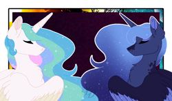 Size: 1280x760 | Tagged: safe, artist:softlunardreams, princess celestia, princess luna, alicorn, pony, g4, duo, eyes closed, female, mare, royal sisters, siblings, sisters