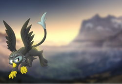 Size: 1280x873 | Tagged: safe, artist:pzkratzer, thunderlane, griffon, g4, flying, griffonized, looking back, mountain, solo, species swap