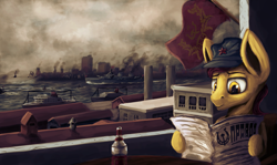 Size: 3703x2200 | Tagged: safe, artist:ryanmandraws, pony, equestria at war mod, alcohol, bottle, cloud, cloudy, communism, digital art, digital painting, flag, harbor, hat, high res, history, industrial, military, navy, newspaper, port, scenery, scenery porn, ship, smoke, socialism, solo, soviet union, vodka