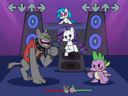 Size: 1600x1200 | Tagged: safe, artist:mew-me, dj pon-3, rarity, rover, spike, vinyl scratch, diamond dog, dragon, pony, unicorn, g4, boyfriend (friday night funkin), crossover, female, friday night funkin', girlfriend (friday night funkin), grin, male, mare, microphone, newgrounds, open mouth, ship:sparity, shipping, sitting, smiling, straight, turntable, vinyl's glasses