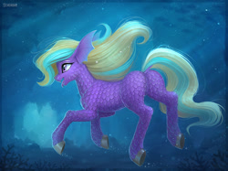 Size: 1200x899 | Tagged: safe, artist:scheadar, oc, oc only, oc:soothing aqua, fish, pony, bubble, butt, cave, commission, coral, crepuscular rays, female, flowing mane, flowing tail, ocean, open mouth, plot, purple eyes, scales, solo, swimming, tail, teeth, tongue out, underwater, water