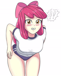 Size: 1989x2460 | Tagged: safe, artist:sumin6301, apple bloom, equestria girls, g4, !!, blushing, breasts, buruma, busty apple bloom, embarrassed, exclamation point, female, gritted teeth, gym shorts, looking at you, older, older apple bloom, solo, sports panties, workout outfit