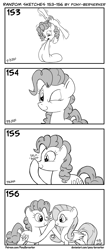Size: 1320x3035 | Tagged: safe, artist:pony-berserker, fluttershy, pinkie pie, earth pony, pegasus, pony, g4, boop, licking, monochrome, one eye closed, self-boop, tongue out, wink