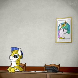 Size: 3000x3000 | Tagged: safe, artist:uteuk, princess celestia, alicorn, earth pony, pony, g4, armor, chair, female, frown, guard, high res, lidded eyes, male, mare, meme, phone, ponified meme, portrait, royal guard, stallion, stool, table
