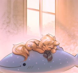 Size: 2204x2077 | Tagged: safe, artist:mirroredsea, oc, oc only, oc:mirta whoowlms, pegasus, pony, clothes, eyes closed, female, high res, indoors, mare, plushie, scarf, sleeping, smiling, solo, window