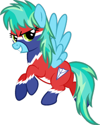 Size: 706x884 | Tagged: safe, artist:pegasski, oc, oc only, pegasus, pony, g4, base used, clothes, costume, eyelashes, female, grin, mare, pegasus oc, power ponies oc, rearing, simple background, smiling, solo, transparent background, wings