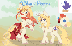 Size: 4284x2795 | Tagged: safe, alternate version, artist:beardie, oc, oc only, oc:blue haze, pony, saddle arabian, unicorn, ponyfinder, bard, blonde, blonde hair, blonde mane, blue eyes, clothes, cloud, dress, dungeons and dragons, fantasy class, female, horn, jewelry, mare, name, pathfinder, pen and paper rpg, reference sheet, rpg, simple background