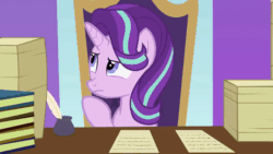 Size: 800x450 | Tagged: safe, artist:agrol, starlight glimmer, pony, unicorn, choose your wings, g4, animated, book, chair, idea, inkwell, paper, quill pen, smiling, solo, table, thinking, writing