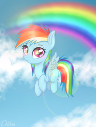 Size: 768x1024 | Tagged: safe, artist:delfinaluther, rainbow dash, pegasus, pony, g4, sonic rainboom (episode), blank flank, cloud, female, filly, filly rainbow dash, flying, lens flare, looking at you, rainbow, sky, sky background, smiling, solo, spread wings, three quarter view, wings, younger