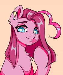 Size: 3442x4096 | Tagged: safe, artist:lukrxx, pinkie pie, earth pony, pony, g4, chest fluff, ear piercing, earring, jewelry, lidded eyes, looking at you, piercing, pinkamena diane pie, smiling, solo, white pupils
