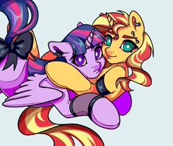 Size: 4096x3459 | Tagged: safe, artist:lukrxx, sunset shimmer, twilight sparkle, alicorn, pony, unicorn, g4, bow, cuddling, ear piercing, earring, female, jewelry, lesbian, looking at you, piercing, ship:sunsetsparkle, shipping, smiling, spread wings, tail bow, twilight sparkle (alicorn), white pupils, wings