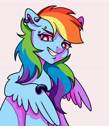Size: 3524x4096 | Tagged: safe, artist:lukrxx, rainbow dash, pegasus, pony, g4, ear piercing, earring, grin, jewelry, lidded eyes, looking at you, piercing, smiling, solo, spread wings, white pupils, wings