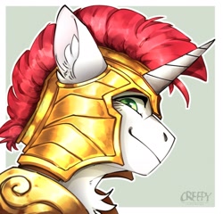 Size: 1967x1890 | Tagged: safe, artist:creepyistaken, oc, oc only, pony, unicorn, armor, chest fluff, ear fluff, looking at you, royal guard, smiling, solo