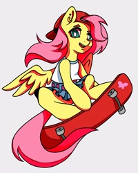 Size: 3277x4096 | Tagged: safe, artist:lukrxx, fluttershy, pegasus, pony, g4, 90s grunge fluttershy, backwards ballcap, baseball cap, cap, clothes, hat, looking at you, shirt, skateboard, skirt, smiling, solo, spread wings, white pupils, wings