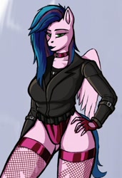 Size: 740x1080 | Tagged: safe, artist:dasblutbad, oc, oc only, pegasus, anthro, choker, clothes, female, fingerless gloves, fishnet stockings, gloves, jacket, lidded eyes, looking at you, mare, panties, shirt, spread wings, torn clothes, underwear, wings