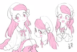 Size: 1800x1200 | Tagged: safe, artist:yanamosuda, fluttershy, semi-anthro, g4, arm hooves, beret, blouse, blush sticker, blushing, bow, bust, clothes, female, front view, full face view, hair bow, hat, head tilt, hooves together, limited palette, looking at you, looking sideways, open mouth, simple background, sitting, skirt, smiling, socks, solo, three quarter view, white background