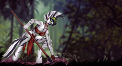 Size: 1980x1080 | Tagged: safe, artist:shamziwhite, zecora, zebra, anthro, unguligrade anthro, alternate timeline, breasts, chrysalis resistance timeline, ear piercing, earring, female, forest, hunting, jewelry, loincloth, muscles, neck rings, piercing, resistance leader zecora, solo, spear, stripes, tribal, wallpaper, weapon