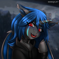 Size: 2000x2000 | Tagged: source needed, safe, artist:serodart, oc, oc only, oc:nightfall, alicorn, pony, succubus, bat wings, clothes, commission, ear fluff, high res, horn, looking at you, solo, wings