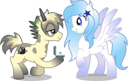 Size: 3000x1893 | Tagged: safe, artist:limedazzle, oc, oc only, oc:black diamond, oc:windy weather, pegasus, pony, unicorn, jewelry, marriage proposal, ring, simple background, transparent background