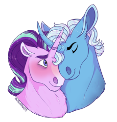 Size: 1500x1566 | Tagged: safe, artist:owlcoholik, starlight glimmer, trixie, pony, g4, blaze (coat marking), bust, coat markings, curved horn, facial markings, female, hoers, horn, lesbian, portrait, ship:startrix, shipping, simple background, transparent background