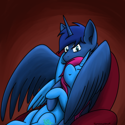 Size: 1000x1000 | Tagged: safe, artist:skydreams, oc, oc:frostfall, oc:stormy skies, alicorn, pony, alicorn oc, chair, commission, female, heart eyes, hearts and hooves day, holding hooves, horn, hug, love, male, mare, snuggling, stallion, wingding eyes, winghug, wings